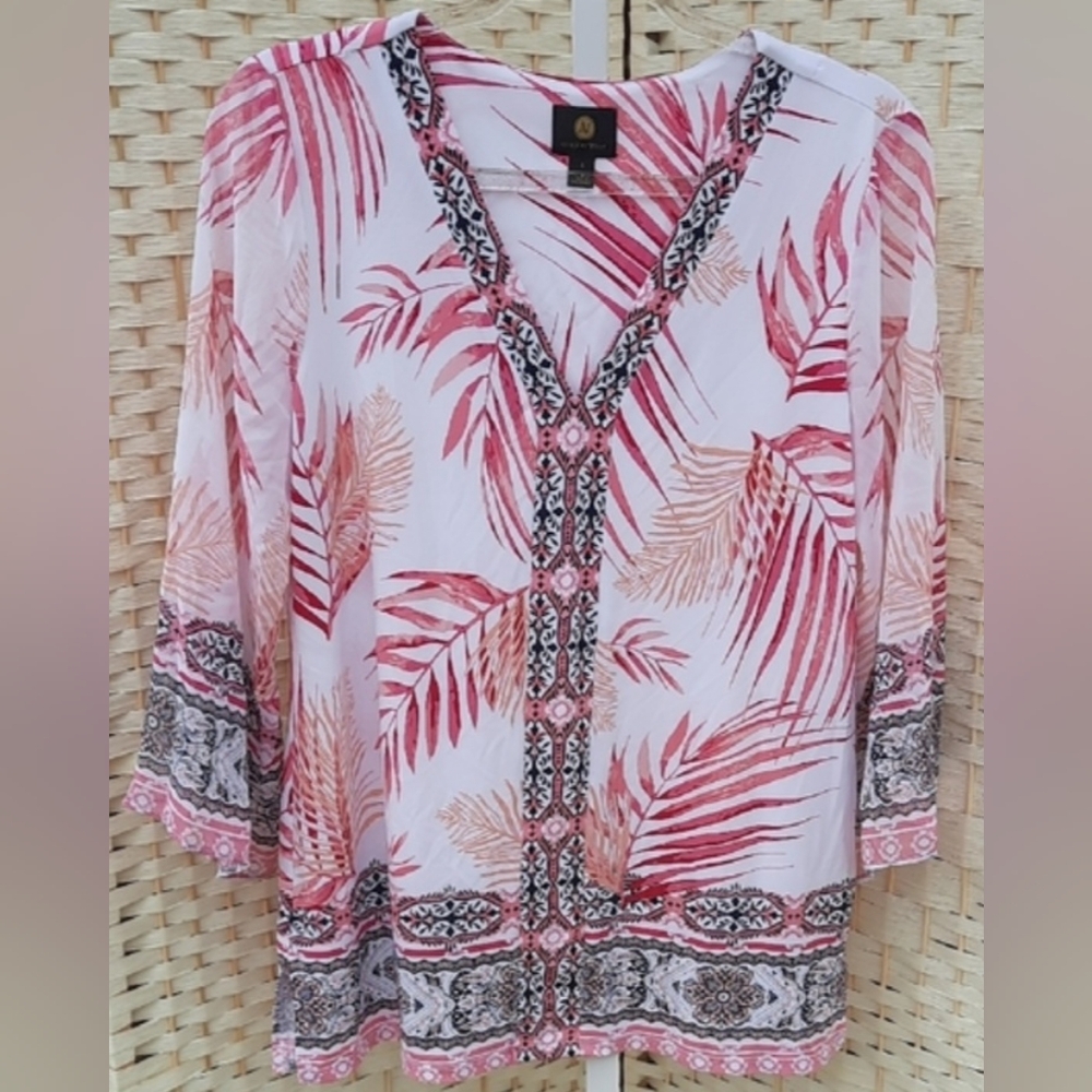 JM Collection Pink Tropical Print Top With Sheer Sleeves